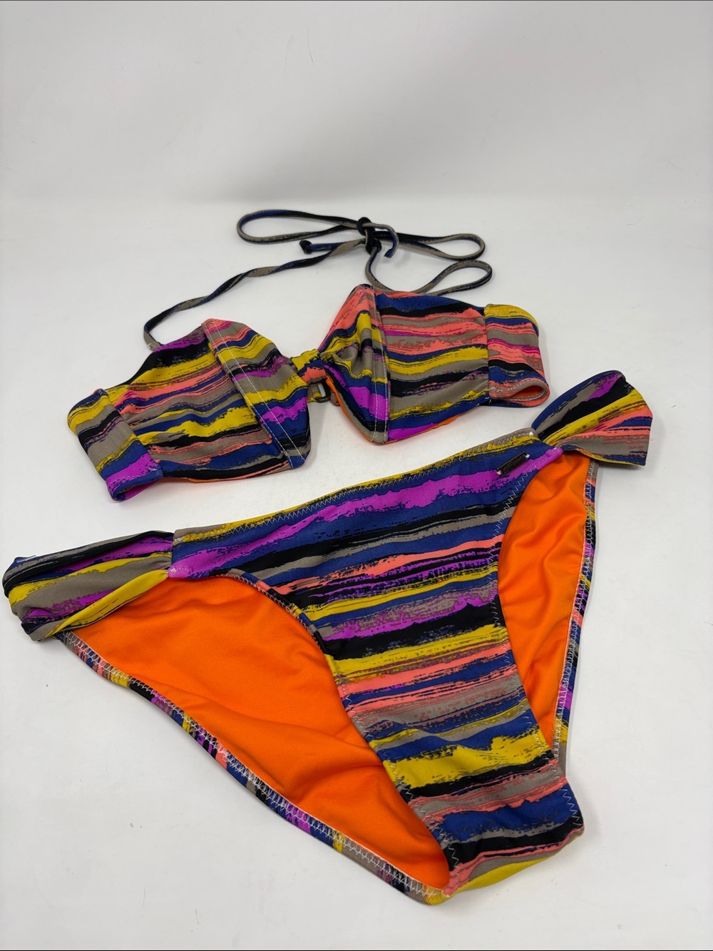 STUSSY 2 Piece Vibrant Stripe Halter Bikini Swimsuit size L - Picture 1 of 7